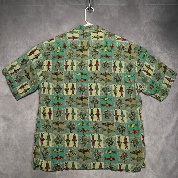 Campia Moda Mens Hawaiian Shirt size XL Short‎ Sleeve Tribal Fish Graphic Green - Picture 4 of 16